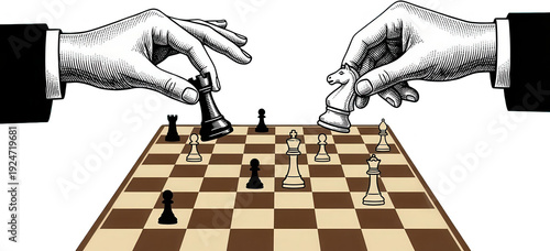 Engraved style hands move chess pieces on a board capturing a moment of strategic gameplay and intellectual contest strategy board game competition decision thinking transparent background