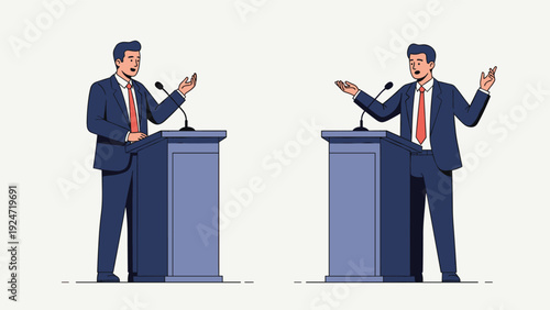 Two professional men in suits stand at podiums and engage in a formal debate or presentation at a public speaking event with microphones.