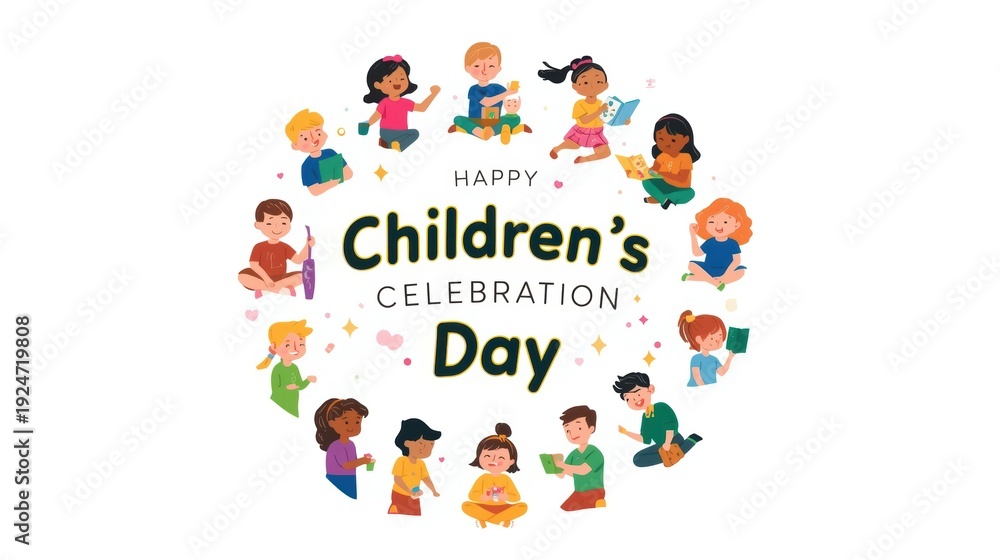 Fototapeta premium Children's celebration day with diverse kids in a colorful circle