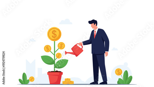 Successful businessman in a dark suit uses a red watering can to grow a plant that produces gold dollar coins instead of traditional leaves.