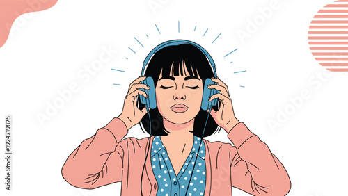 Relaxed young woman with black hair and glasses listens to music on headphones with her eyes closed against a simple white background.