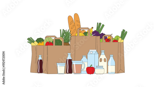 Assortment of brown paper grocery bags filled with fresh vegetables, bread, milk, and other food items against a plain white background.