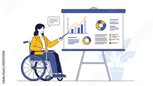 Businesswoman in a wheelchair gives a presentation while pointing at a whiteboard filled with various charts and data visualizations.