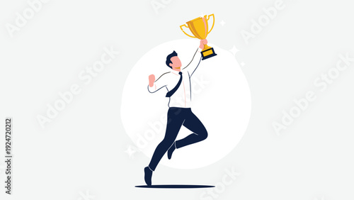 Excited businessman in a white shirt and tie jumps into the air while holding a gold trophy to celebrate a major victory and success.