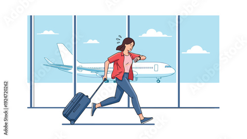 Young woman in a red shirt runs through an airport terminal while checking her watch and pulling a suitcase and to catch her departing flight.
