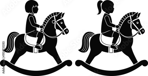 Two Young Children Riding Wooden Rocking Horses Silhouette Vector Illustration for Childhood Playroom Nursery Decor Creative Playtime Activities and Early Childhood Development Concepts