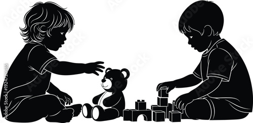 Two Young Boys Playing Together with Teddy Bear and Wooden Building Blocks Silhouette Vector Illustration for Childhood Education Playtime Friendship and Creative Development Concepts