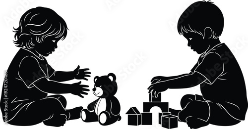 Two Little Boys Playing Together with Teddy Bear and Building Blocks Silhouette Vector Illustration for Childhood Education Playtime Friendship and Creative Development Concepts