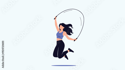 Young woman wearing athletic clothing jumps high in the air while skipping rope during a fitness workout against a light blue background.