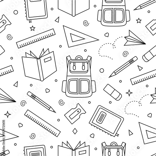 Elementary school stationery pattern.  School supplies seamless pattern. School attributes seamless pattern. Student accessories repeat background. Back to school banne. Education doodle pattern.