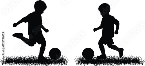 Set of Silhouette Vector Illustrations Featuring Two Young Boys Playing Soccer Shaking Hands and Playing with Toys for Childhood Education Playtime Friendship and Creative Development