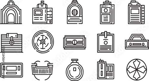 A collection of various icons representing different types of objects and activities. Vector