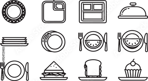 A variety of kitchen items and food illustrations in a single image. Vector