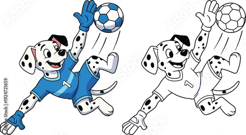 Energetic Cartoon Dalmatian Goalkeeper Catching Soccer Ball Coloring Page