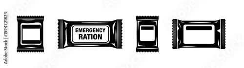 Vector collection of black and white survival food bars and emergency ration packets, designed as minimalist icons for themes of disaster preparedness, outdoor adventures, and essential provisions