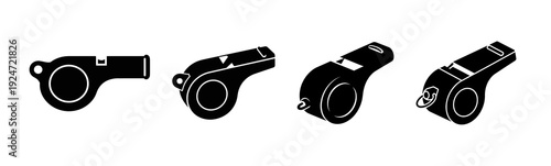 Collection of black and white whistle icons representing different designs and styles for various purposes