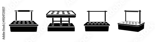 Set of four black and white icons representing food vending carts or kiosks, isolated on a white background