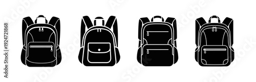 Collection of four black and white backpack illustrations, perfect for representing school, travel, and outdoor activities