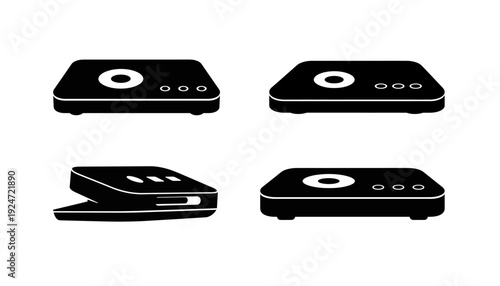 A versatile collection of modern electronic media player or set-top box icons, depicted in sleek black silhouettes from various angles, ideal for technology presentations and interface designs