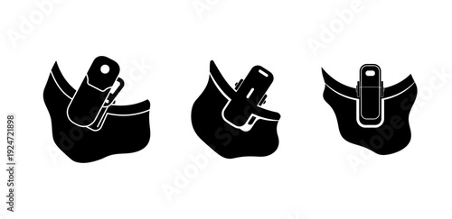 Black vector icons demonstrating secure attachment for cylindrical tools. Flashlights or pens are clipped onto clothing or gear with varied holster designs
