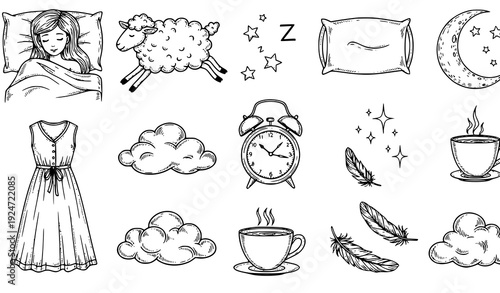 Sleep Time Vintage Doodle Icon Set with Girl in Bed Moon Sheep and Dream Symbols