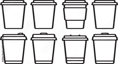 Eight different types of coffee cups and lids displayed in a row Vector