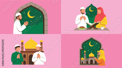 Ramadan Scenes Faithful Muslims Praying Reading Quran and Breaking Fast