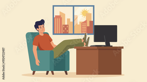 Unmotivated Man Resting with Feet on Desk at Home with City View
