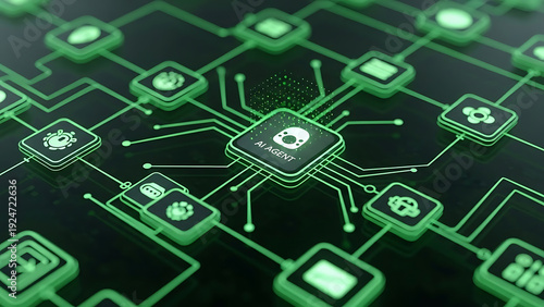 Central A I agent connected to network of digital icons and circuits artificial intelligence image