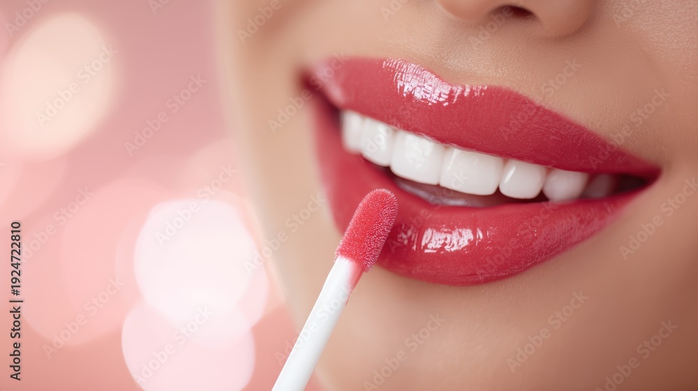 Naklejka premium Closeup of a woman applying glossy pink or red lip gloss with an applicator, showing a bright smile and white teeth against a soft, blurred pink background