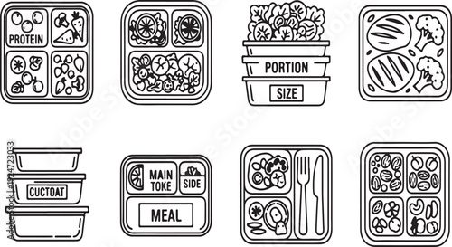 Assorted plastic containers filled with various types of food and meal components. Vector