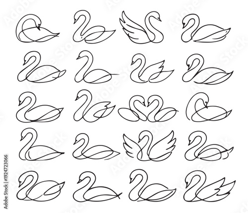 Elegant swan line art collection, minimalist continuous line drawing of graceful birds, luxury swan silhouettes set for logo, branding and wedding decor.