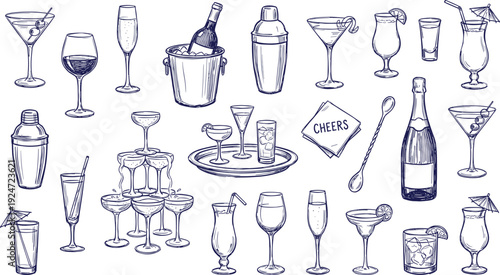 Hand Drawn Cocktail and Bar Drinks Collection with Wine Glasses, Shaker and Champagne Bottle, Blue Line Art Illustration