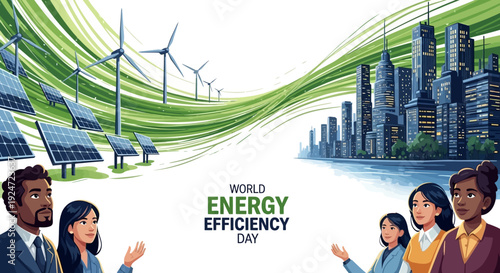 Illustration of diverse people discussing renewable energy solutions on World Energy Efficiency Day with green cityscape and solar panels in the background.