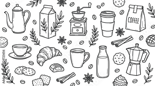 Hand Drawn Coffee and Bakery Doodle Collection with Cups, Croissant, Beans and Cafe Elements, Black and White Line Art Illustration