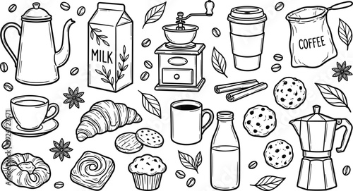Hand Drawn Coffee and Bakery Doodle Set with Teapot, Milk Carton, Beans and Pastries, Black and White Line Art Illustration