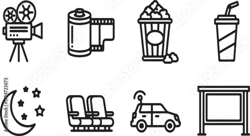 A collection of icons representing a movie night at home with friends Vector