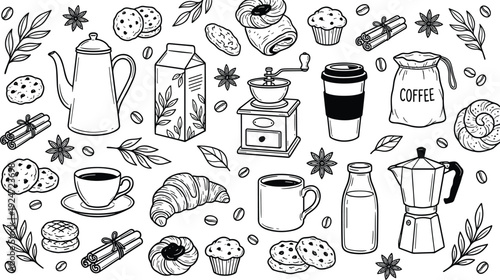 Hand Drawn Coffee and Pastry Doodle Collection with Teapot, Milk, Beans and Bakery Elements, Black and White Line Art Illustration