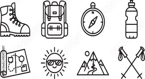 Essential gear and symbols for a successful hiking adventure in the wilderness Vector