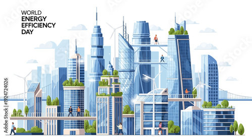 Illustration of a futuristic cityscape with green roofs and renewable energy solutions, celebrating World Energy Efficiency Day with a focus on sustainable energy use and eco-friendly