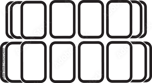 Two rows of six rectangular shapes with thick black borders and white interiors Vector