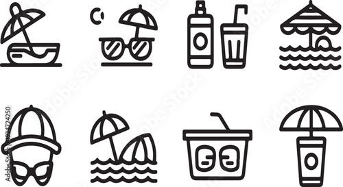 A collection of summer vacation icons representing various beach activities and items Vector