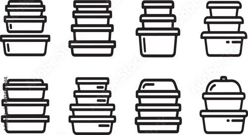 A variety of containers and lids arranged in a grid pattern. Vector