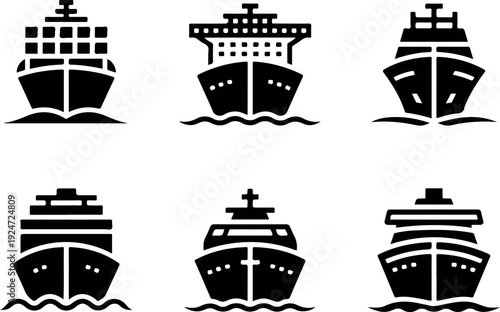Maritime Ship Front View Outline Set Cargo, Cruise and Naval Vessel Line Icons