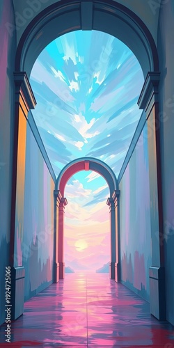 A painterly archway, brushed with pastel dreams, beckons to a luminous academic horizon,  dreamy,  possibility
