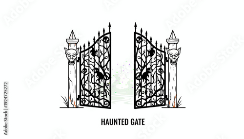 Spooky Haunted Gate with Gargoyles and Black Cats - Halloween Entrance