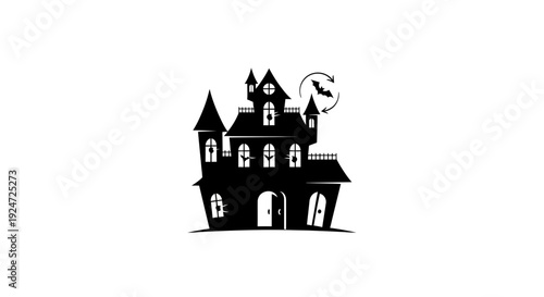 Spooky Haunted Mansion Silhouette with Bats and Moon - Halloween Icon