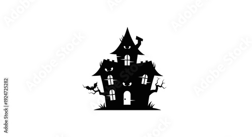 Spooky Haunted House Silhouette with Bats and Creepy Trees - Halloween Icon