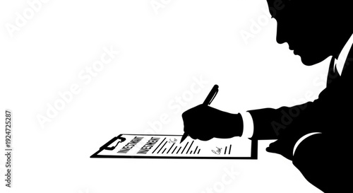 Silhouette of a man in a suit signing a document