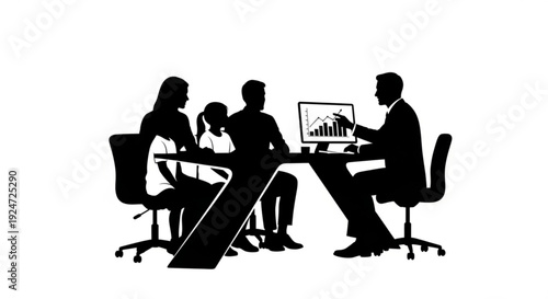 Black silhouettes of businesspeople meeting around a table with a laptop